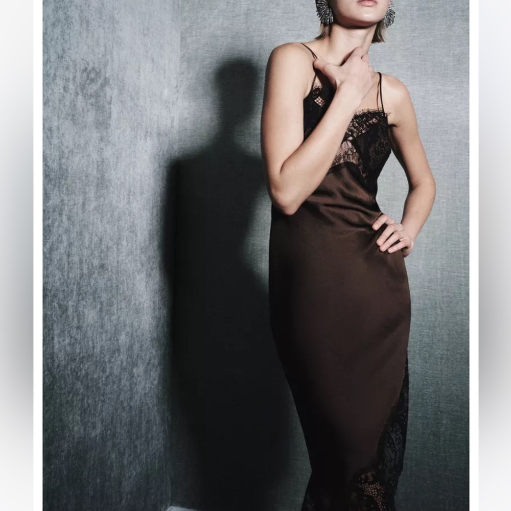 Zara NWT ZW Collection asymmetric satin lace dress brown 4772/113 - Picture 11 of 12